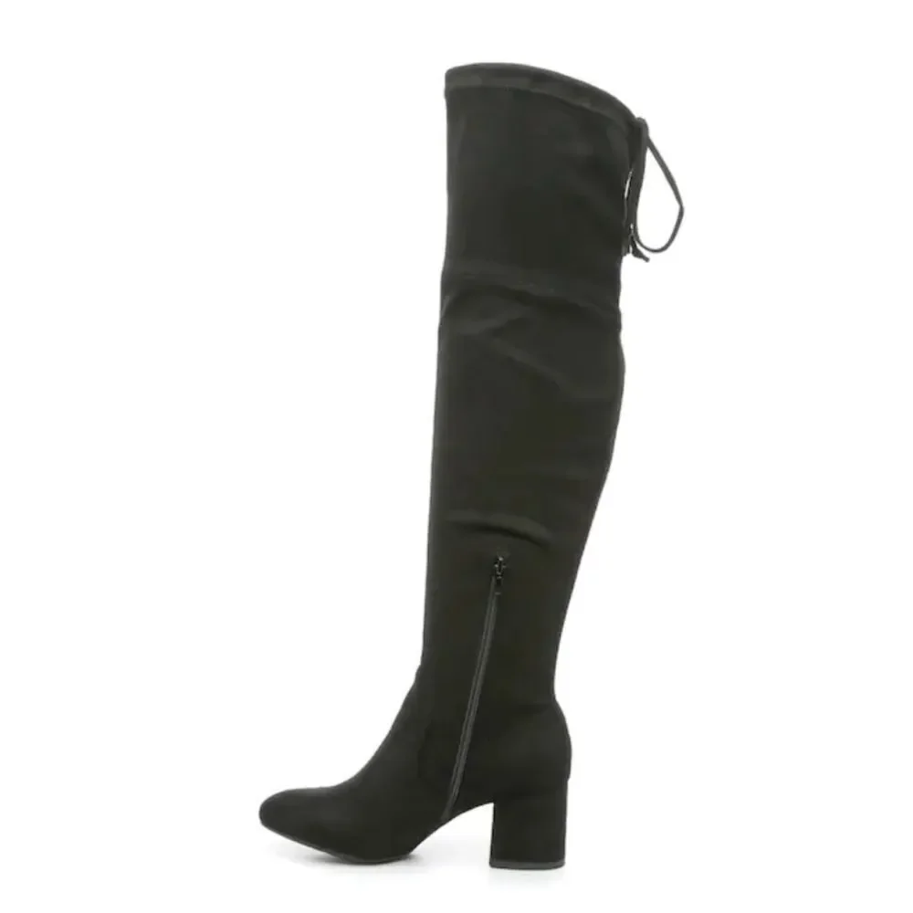 WIDE CALF Black Faux Suede Short Heel